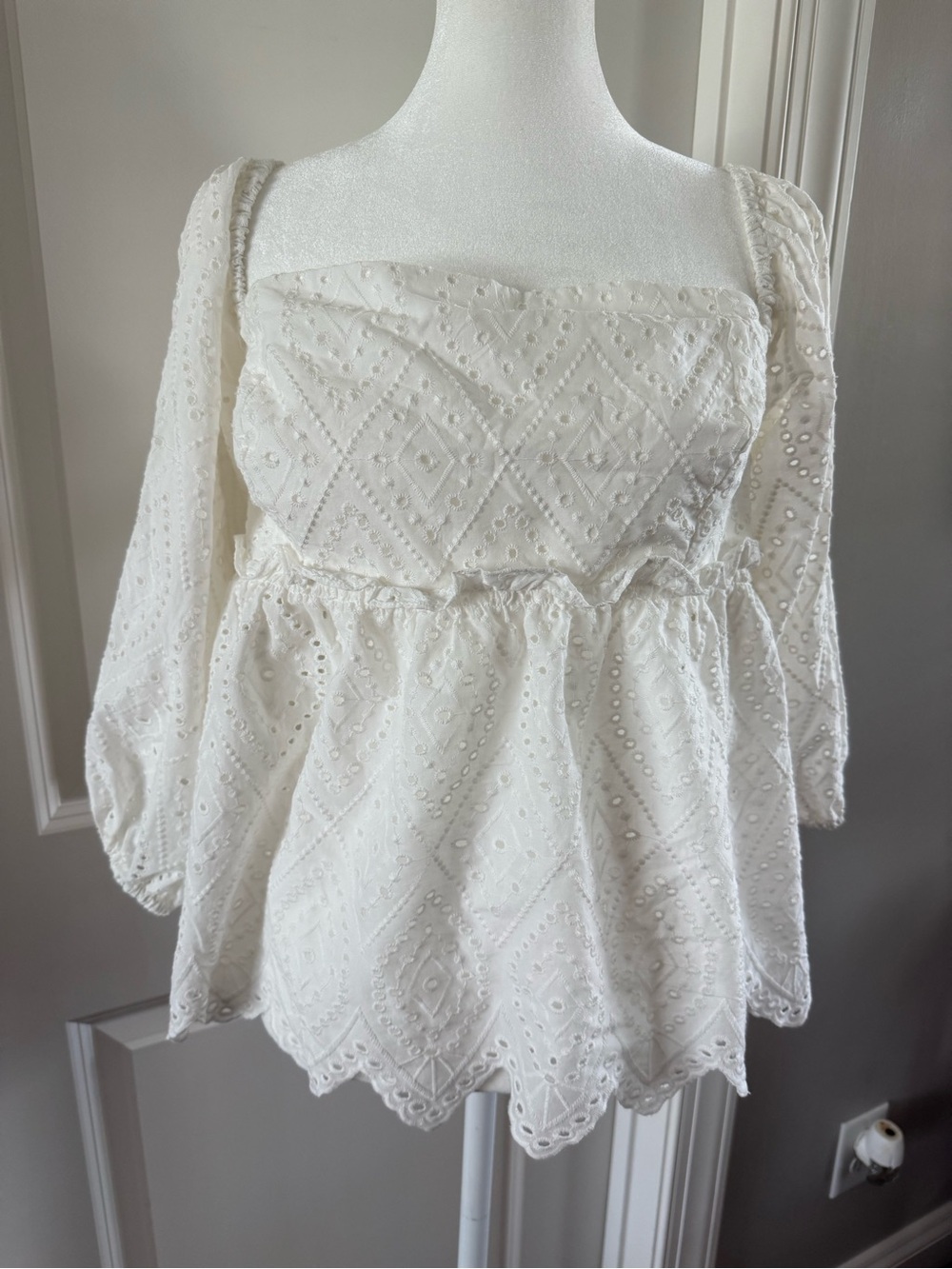 Misa Los Angeles White Embroidered Eyelet Peplum Tunic